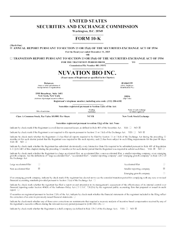 Nuvation Bio Inc-A 2025年度报告