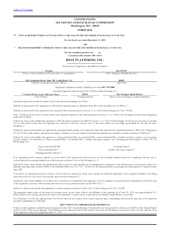 Riot Platforms Inc 2025年度报告