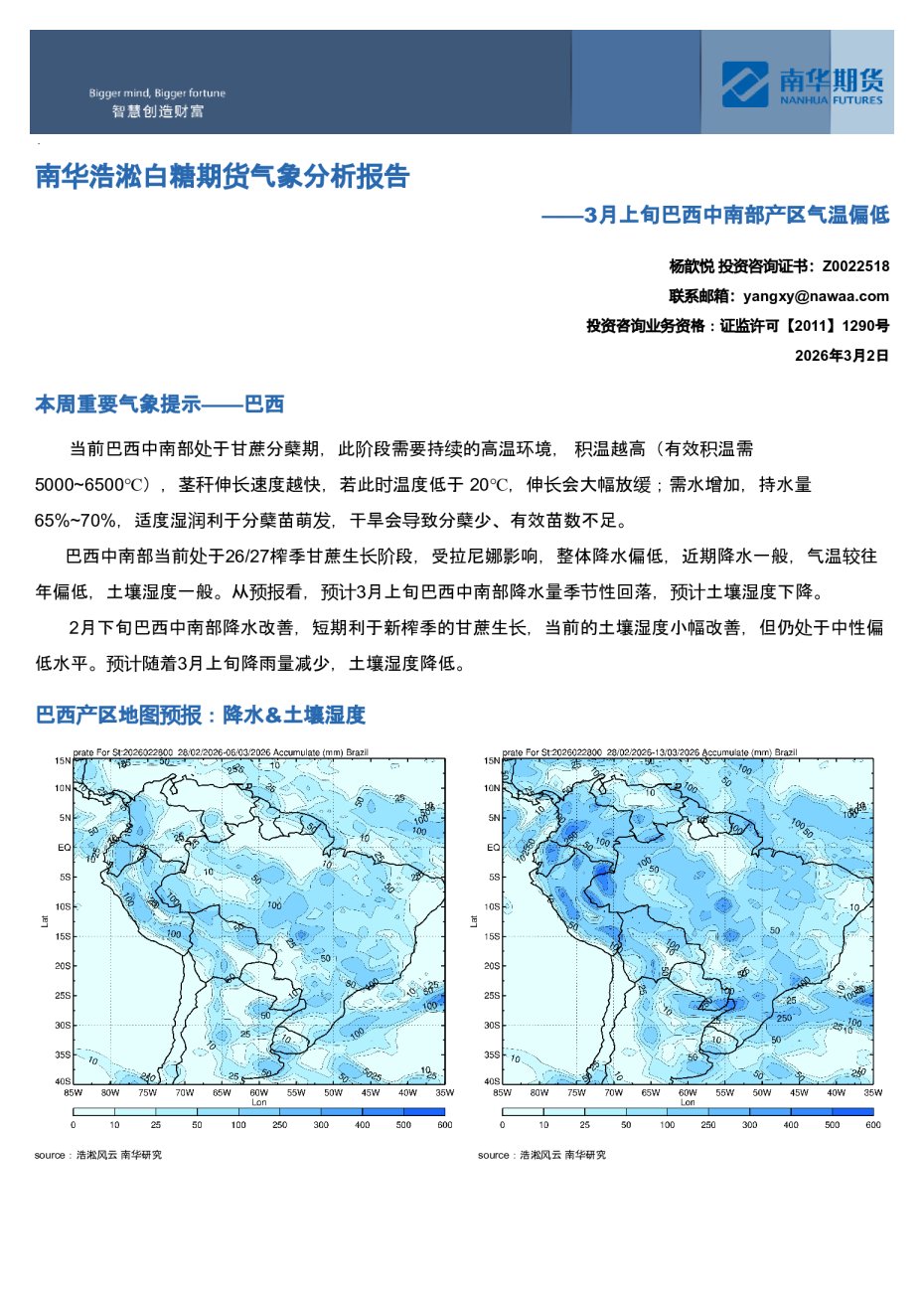 南华浩淞白糖期货气象分析报告：3月上旬巴西中南部产区气温偏低