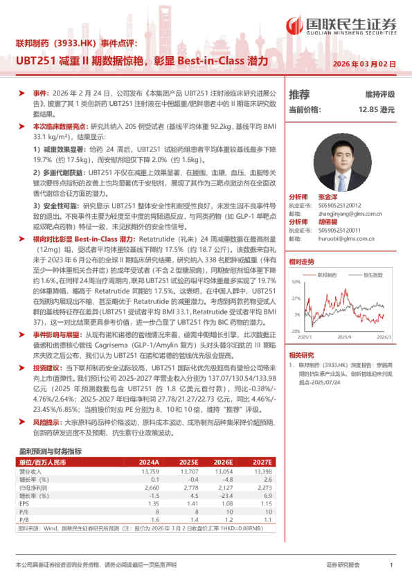 联邦制药(3933.HK)事件点评:UBT251 减重 II 期数据惊艳,彰显 Best-in-Class 潜力