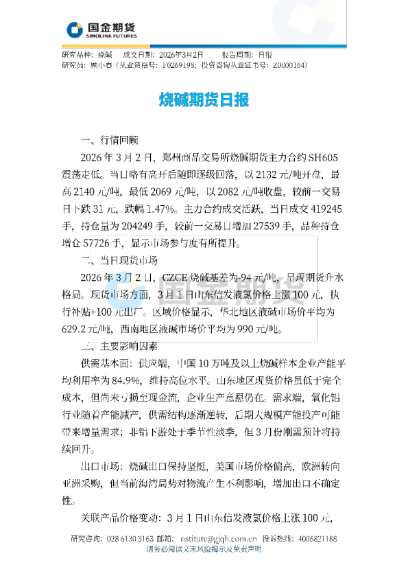 烧碱期货日报