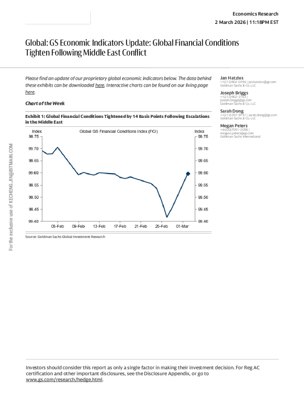 全球：高盛经济指标更新：中东冲突后全球金融环境收紧