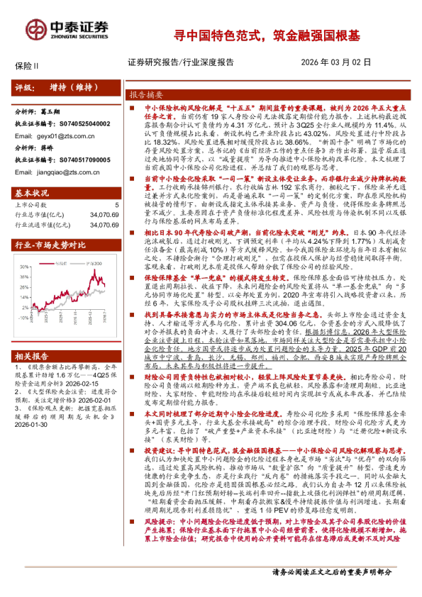 保险行业：中小保险公司风险化解观察与思考——寻中国特色范式，筑金融强国根基