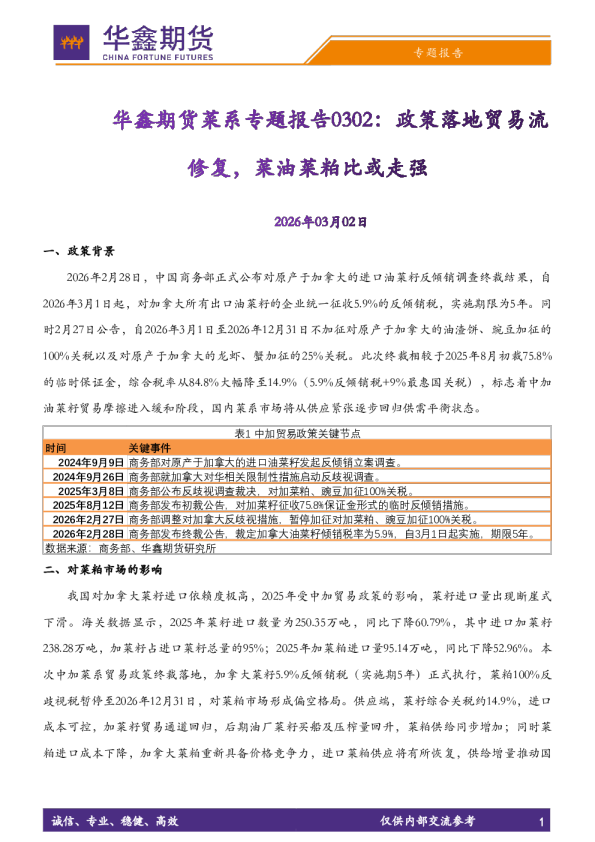 菜系专题报告：政策落地贸易流修复，菜油菜粕比或走强