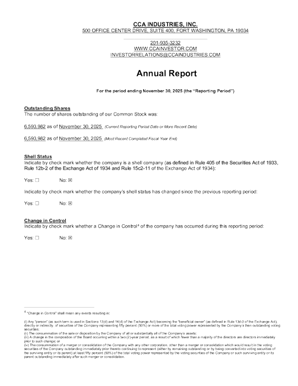 CCA Industries Inc 2025年度报告
