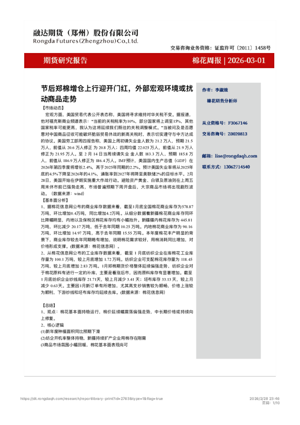 节后郑棉增仓上⾏迎开⻔红,外部宏观环境或扰动商品⾛势