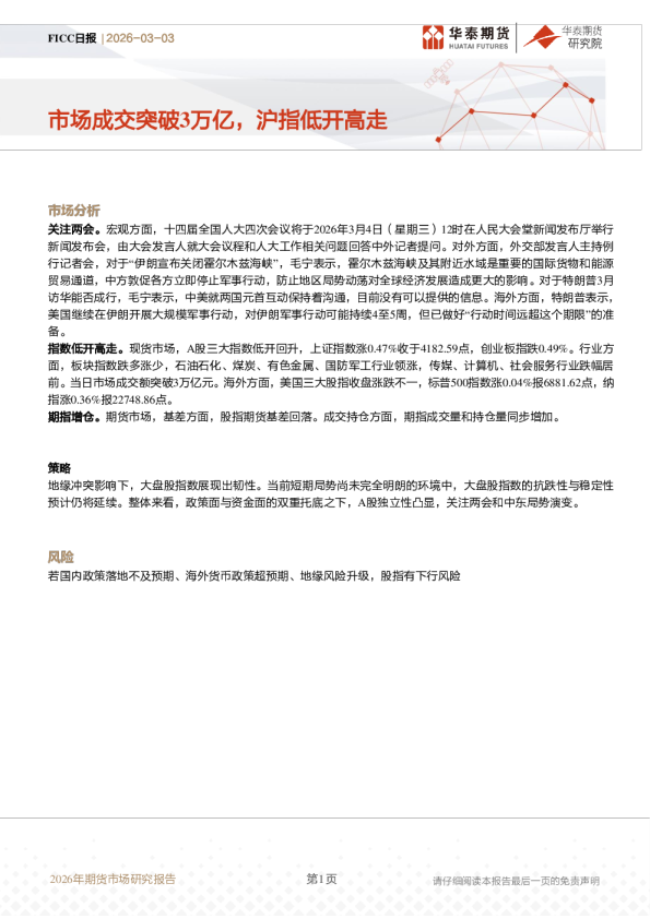 FICC日报：市场成交突破3万亿，沪指低开高走