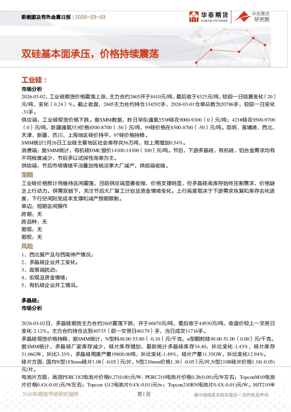 新能源及有色金属日报：双硅基本面承压，价格持续震荡