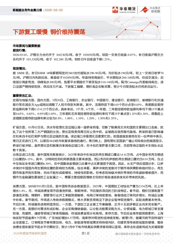 新能源及有色金属日报：下游复工缓慢 铜价维持震荡