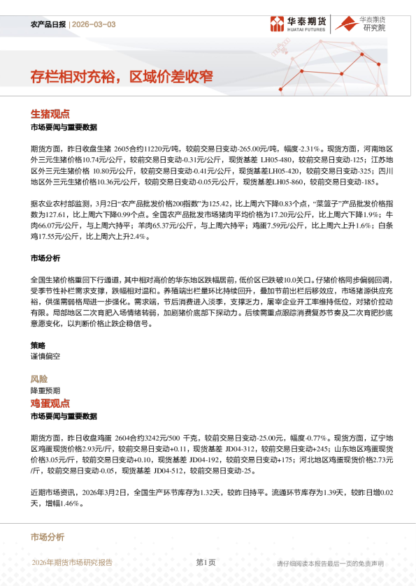 农产品日报:存栏相对充裕,区域价差收窄