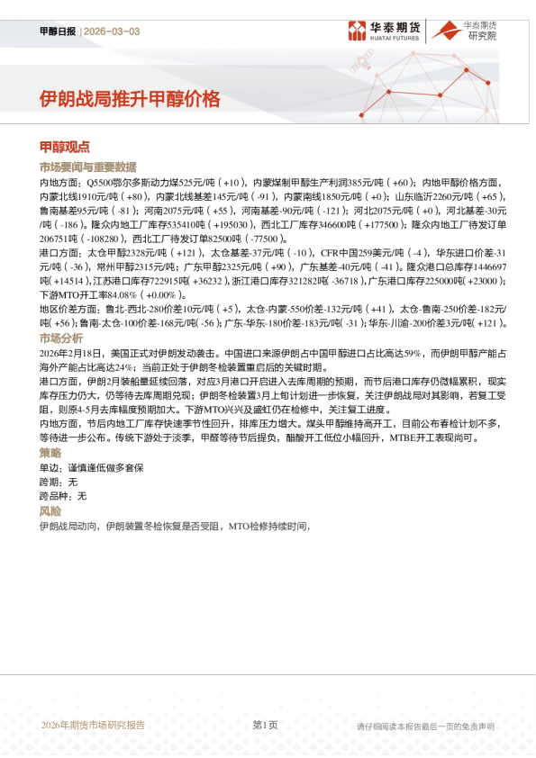 甲醇日报:伊朗战局推升甲醇价格