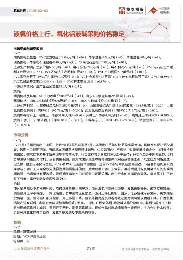 氯碱日报：液氯价格上行，氧化铝液碱采购价格稳定