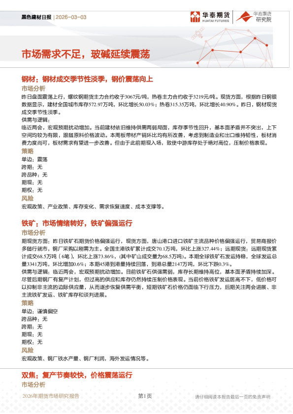 黑色建材日报：市场需求不足，玻碱延续震荡