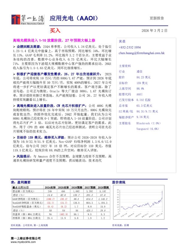 应用光电(AAOI):高端光模块进入1-10放量阶段,27年预期大幅上修