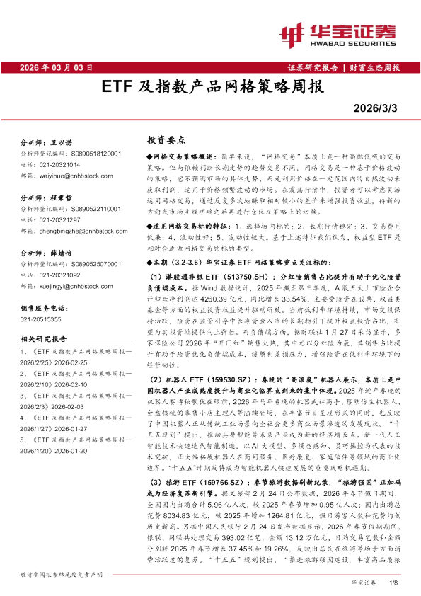 ETF及指数产品网格策略周报