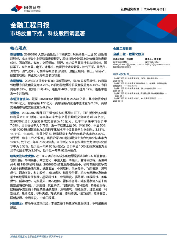 金融工程日报：市场放量下挫，科技股回调显著