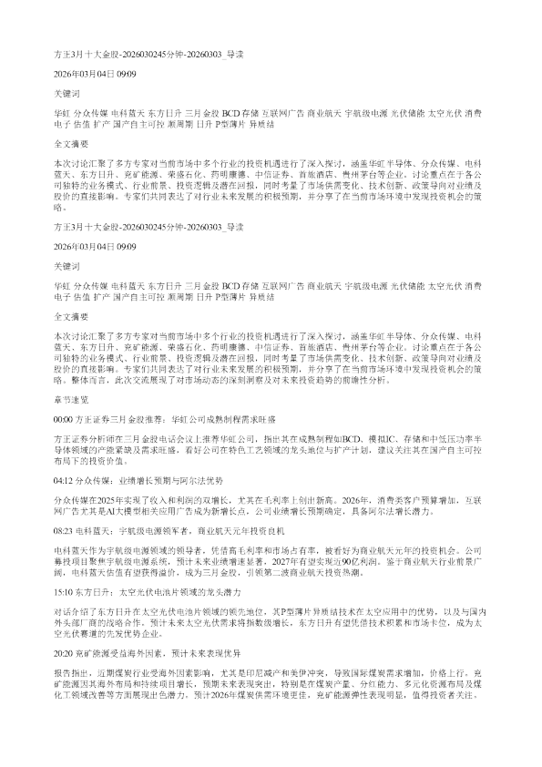 方正3月十大金股2026030245分钟20260303