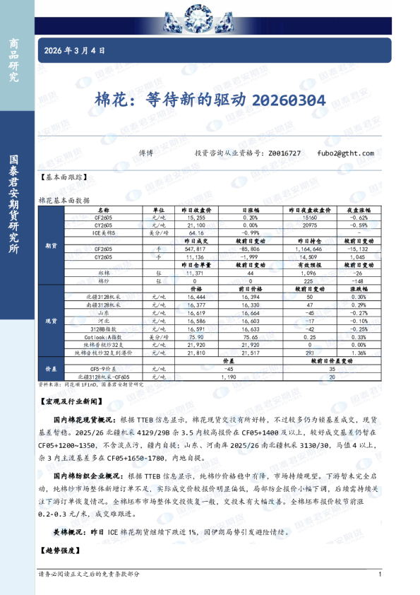 棉花：等待新的驱动20260304