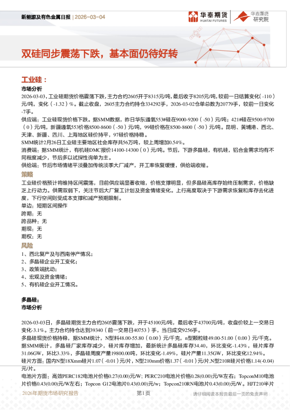 新能源及有色金属日报：双硅同步震荡下跌，基本面仍待好转