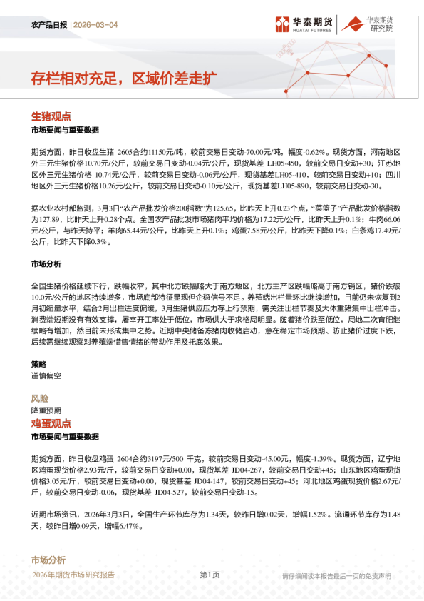 农产品日报：存栏相对充足，区域价差走扩
