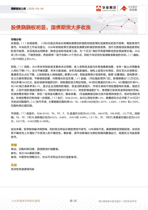 国债期货日报:股债跷跷板明显,国债期货大多收涨