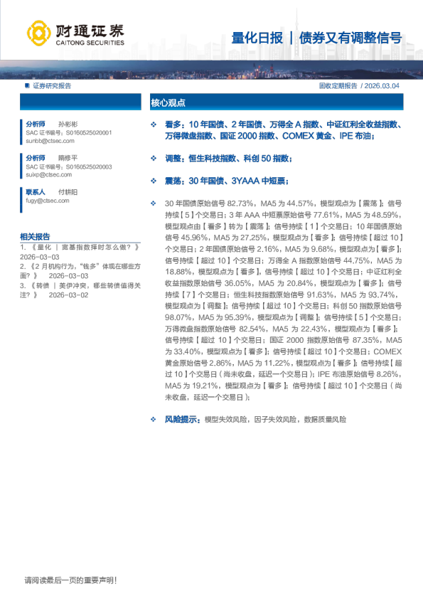 量化日报：量化日报债券又有调整信号
