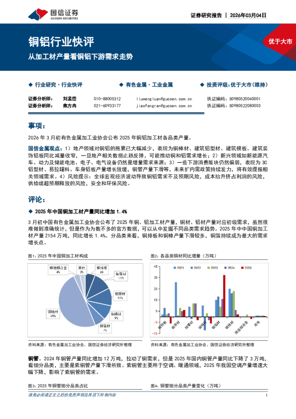 铜铝行业快评:从加工材产量看铜铝下游需求走势