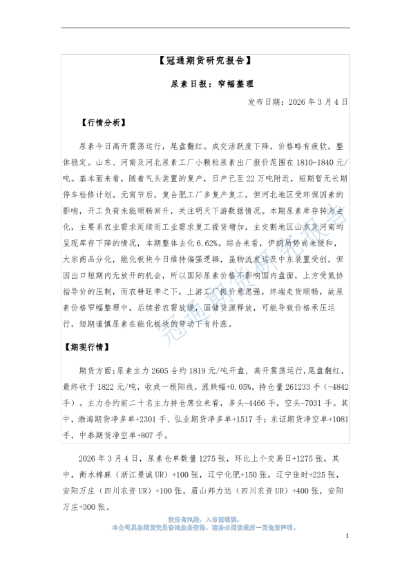 尿素日报：窄幅整理