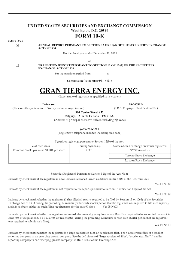 Gran Tierra Energy Inc 2025年度报告