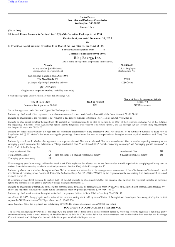 Ring Energy Inc 2025年度报告