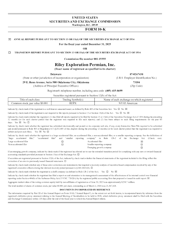 Riley Exploration Permian Inc 2025年度报告