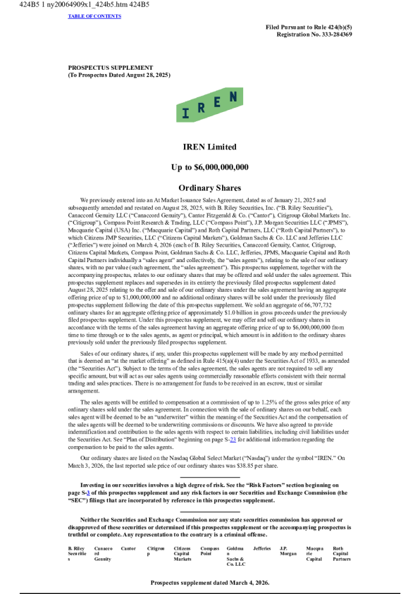 IREN Ltd美国股票招股说明书（2026年3月4日版）