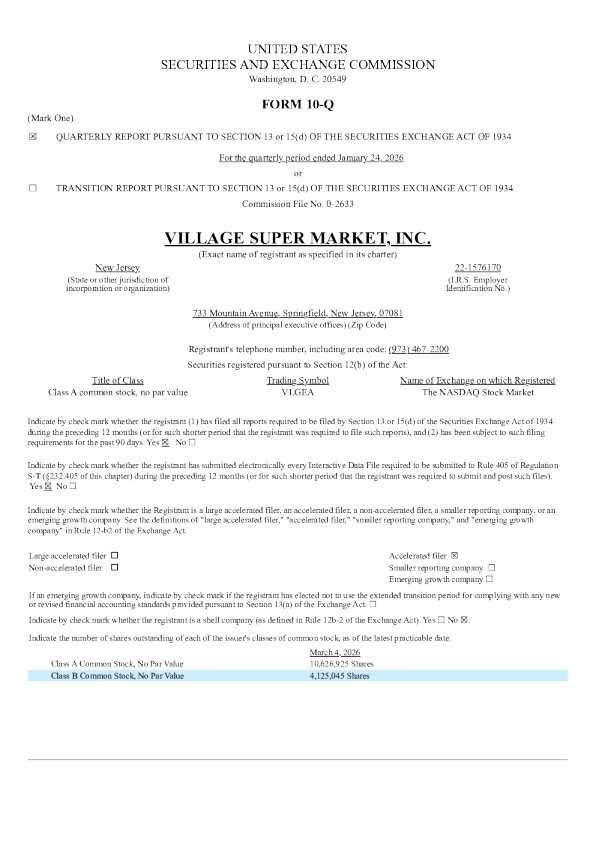 Village Super Market Inc. - 2026年季度报告