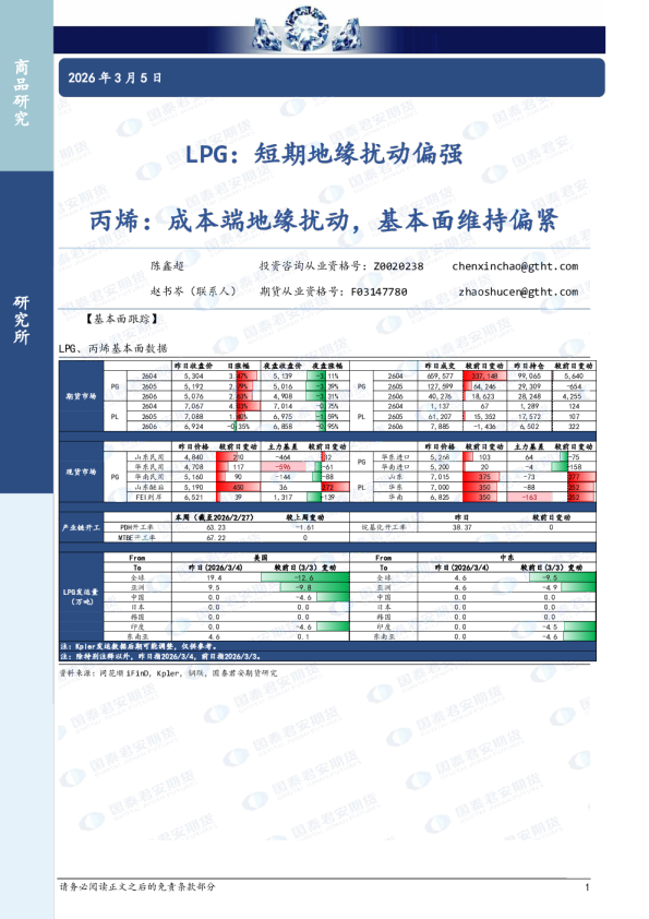 LPG：短期地缘扰动偏强 丙烯：成本端地缘扰动，基本面维持偏紧