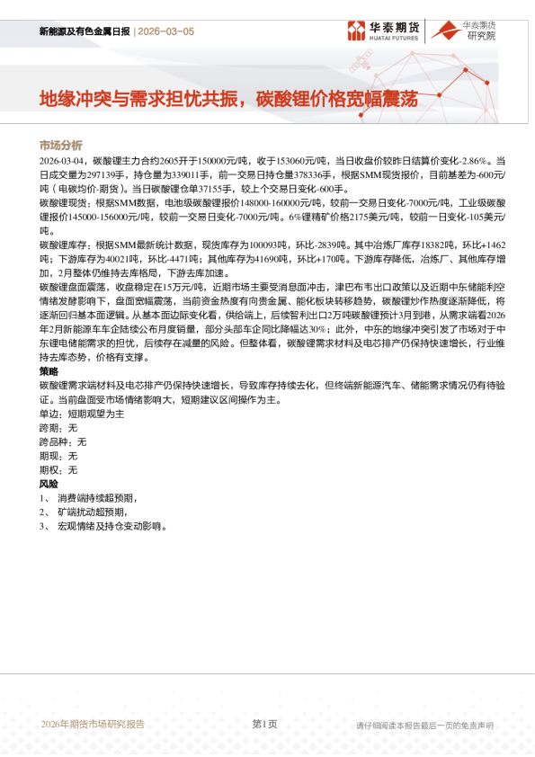 地缘冲突与需求担忧共振，碳酸锂价格宽幅震荡