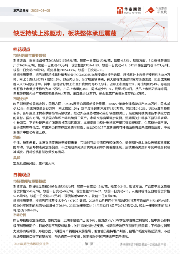 农产品日报：缺乏持续上涨驱动，板块整体承压震荡