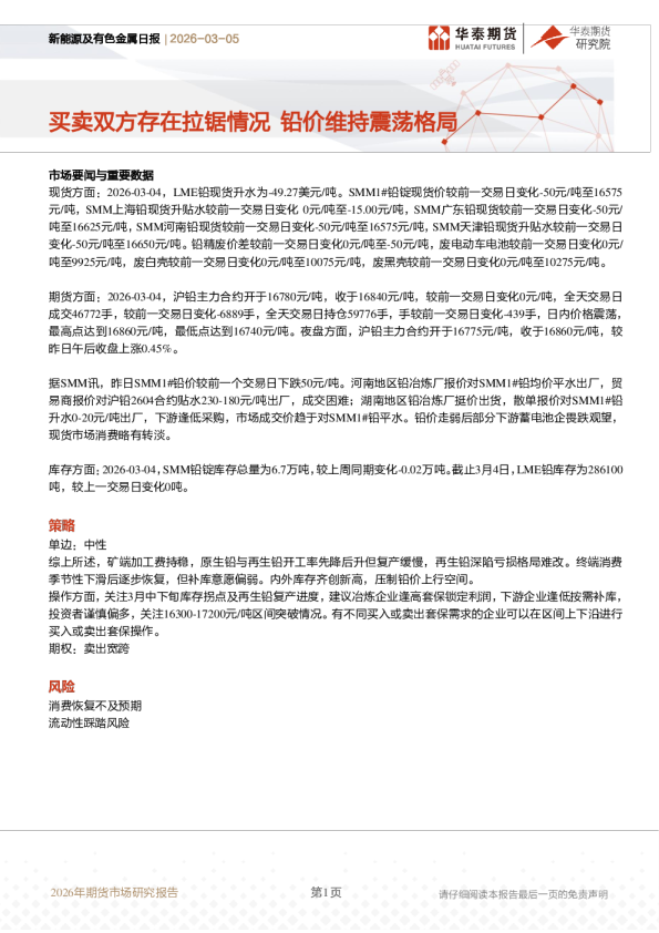 新能源及有色金属日报：买卖双方存在拉锯情况 铅价维持震荡格局