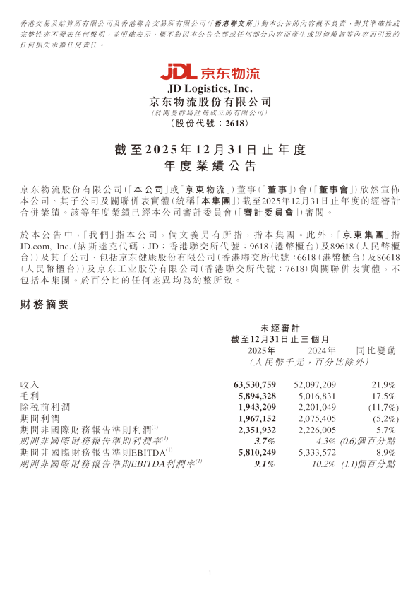 京东物流：截至2025 年12 月31 日止年度年度业绩公告