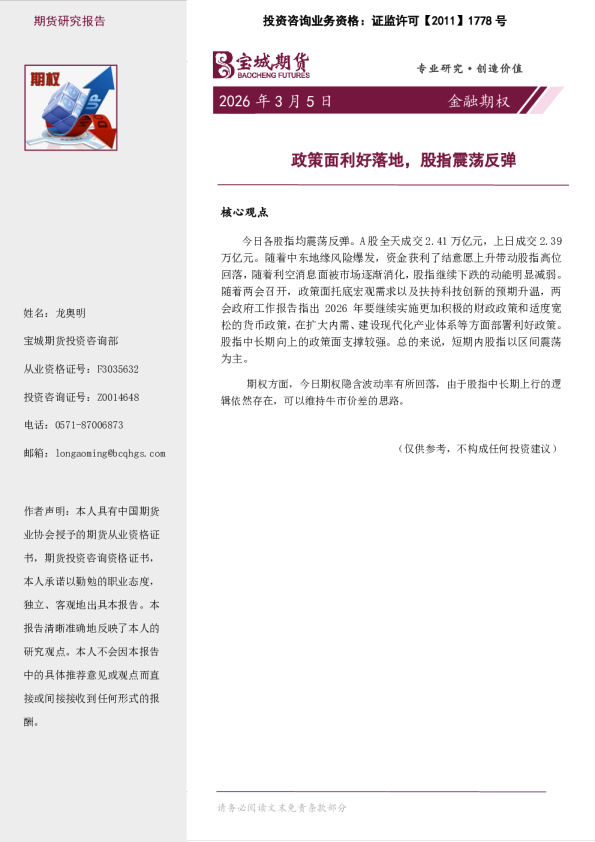 金融期权日报：政策面利好落地，股指震荡反弹