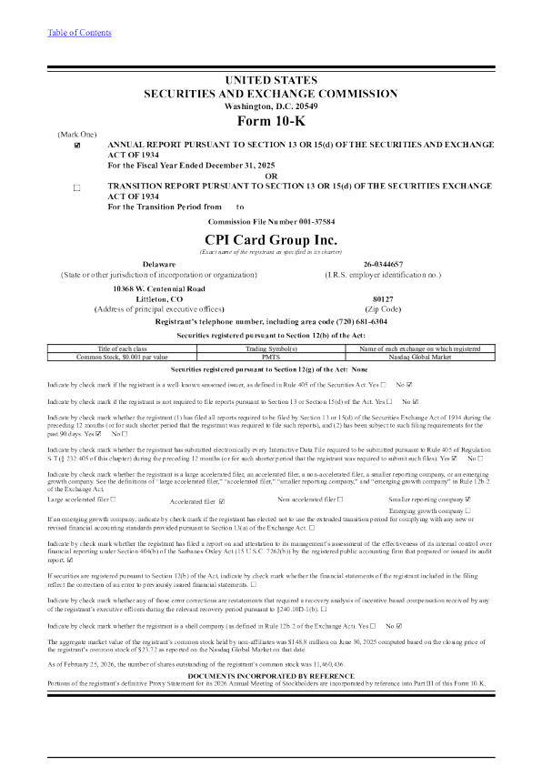 CPI Card Group Inc 2025年度报告