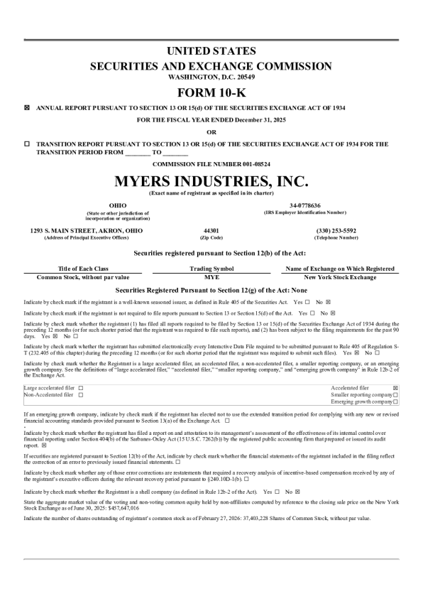 Myers Industries Inc 2025年度报告