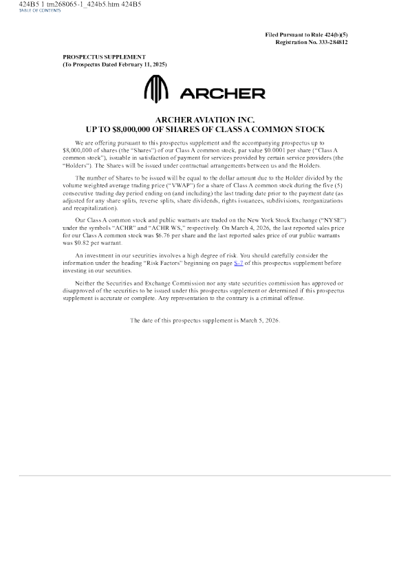 Archer Aviation Inc-A美股招股说明书(2026-03-05版)