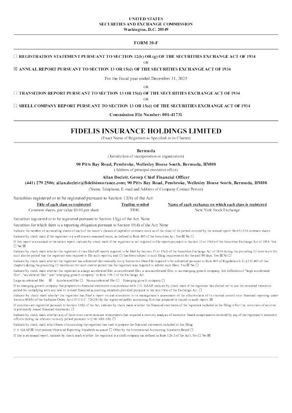 Fidelis Insurance Holdings Ltd 2026年年度报告和过渡报告