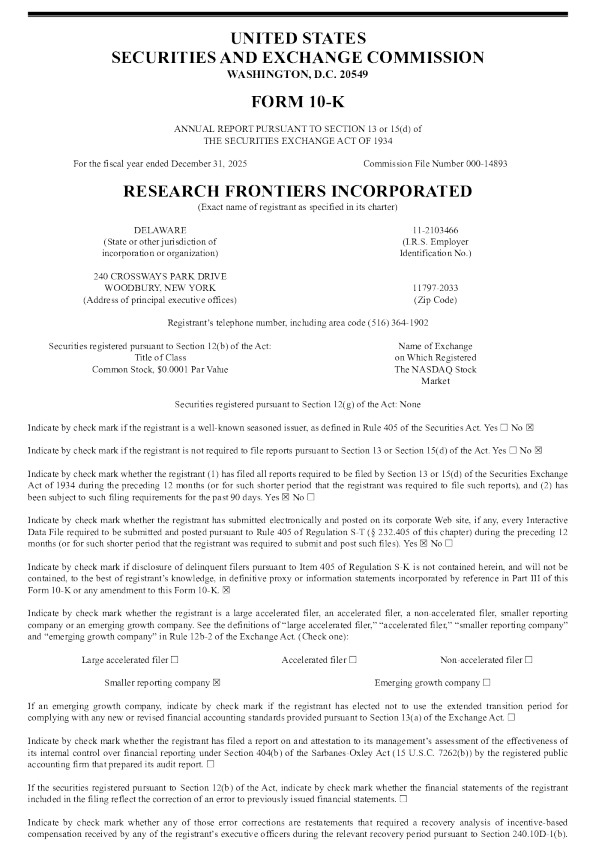 Research Frontiers Inc 2025年度报告