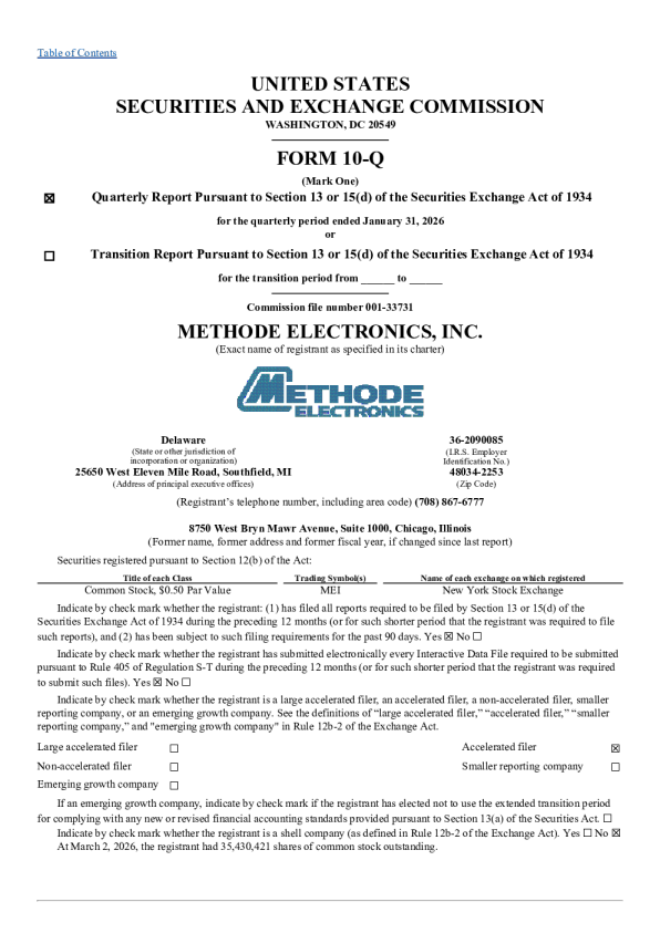 Methode Electronics Inc 2026年季度报告