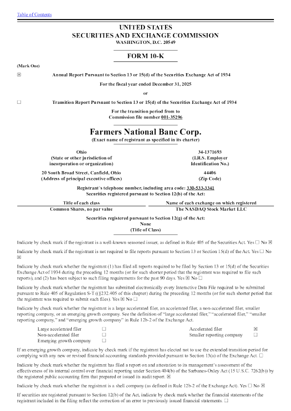 Farmers National Banc Corp 2025年度报告