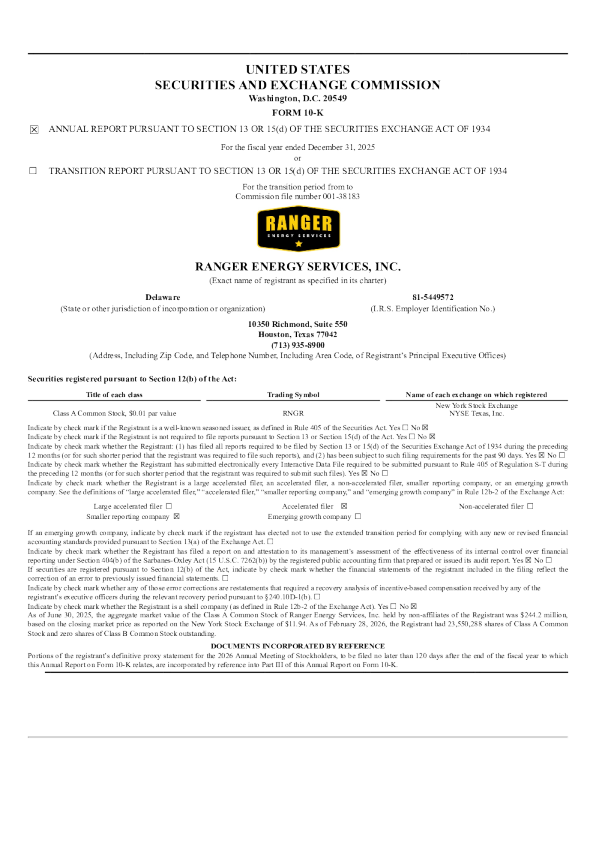 Ranger Energy Services Inc-A 2025年度报告