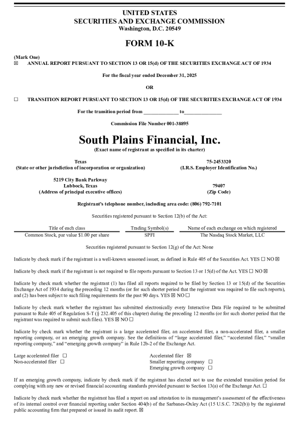 South Plains Financial Inc 2025年度报告