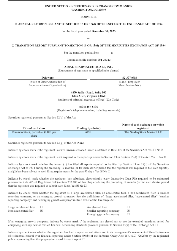 Adial Pharmaceuticals Inc 2025年度报告