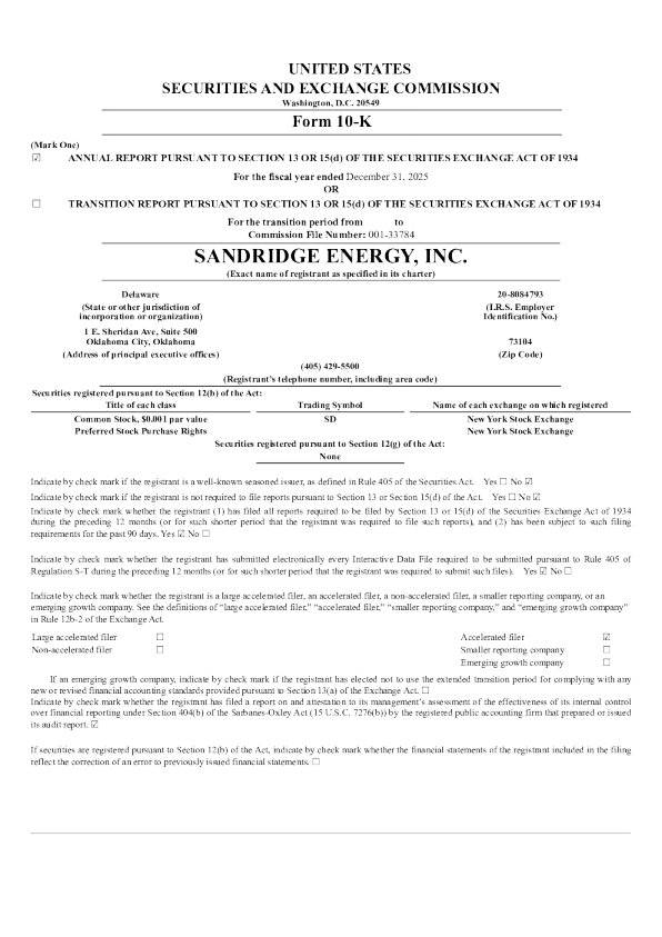 SandRidge Energy Inc 2025年度报告